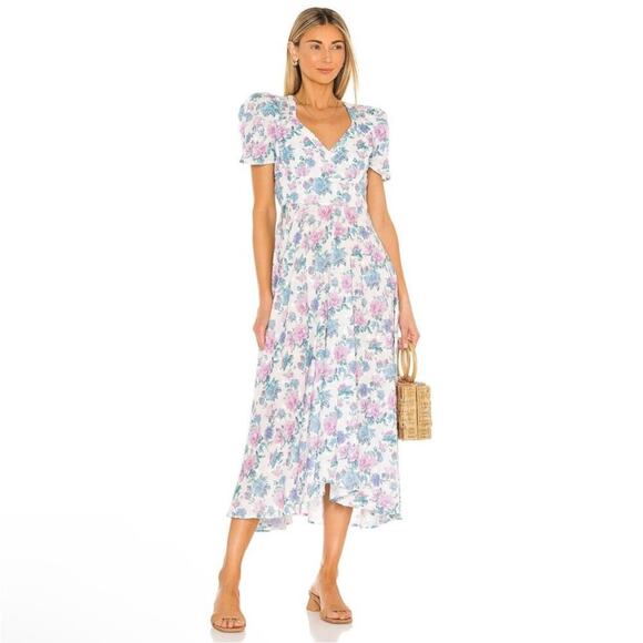 LOVESHACKFANCY Floral Puff Sleeve Midi Dress Cotton EuroSummer Cottagecore 4 - Picture 1 of 13